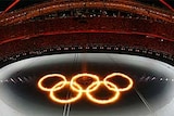 The Olympic rings ablaze during the Athens opening.