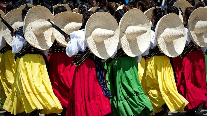Female soldiers of the Mexican Army dressed as revolutionary 'Adelitas'