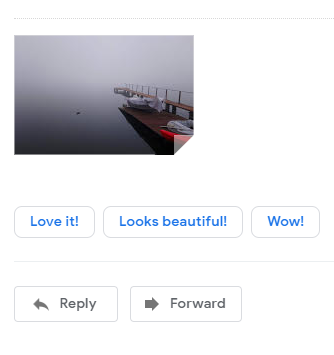 A screenshot of a Gmail screen including a photograph and three responses: Love it! Looks Beautiful! Wow!