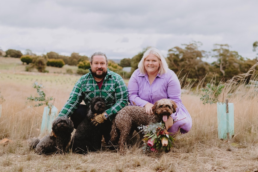 A smiling middle-aged couple crouch on grass behind three small, woolly dogs.