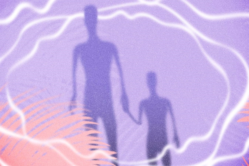 Two purple figures that look like shadows - an adult and a child - hold hands against a light purple background