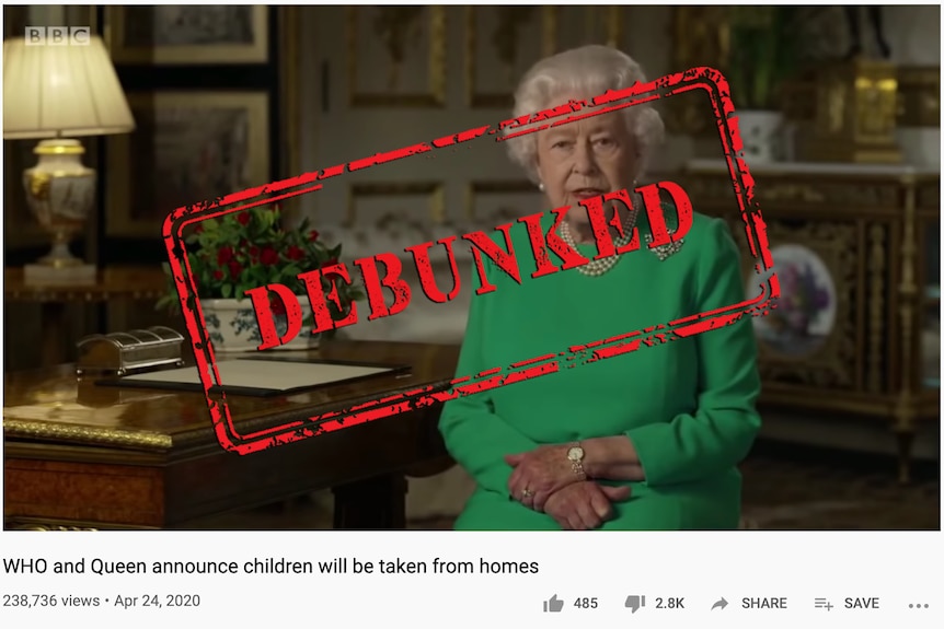 A youtube video screengrab featuring the Queen and claiming that she is announcing children will be taken from their homes