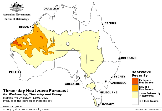 Map of Aus with red and orange in the north west indicating the are expecting heatwave conditions over Thurs-Sat