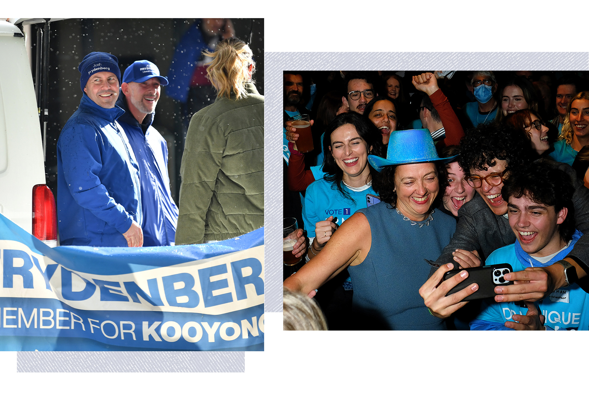 Josh Frydenberg campaigns in a beanie and blue coat, while Monique Ryan celebrates her victory with her supporters at a pub.