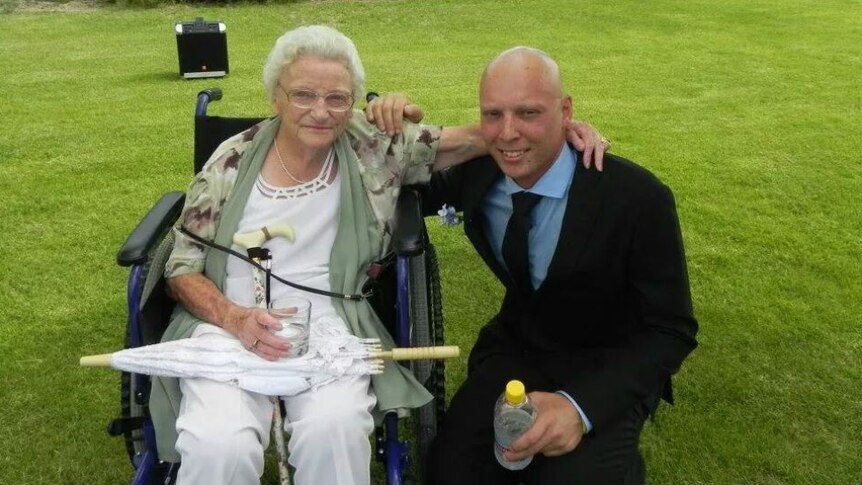 Justin on his wedding day with his Nanna.