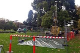 A drilling rig conducting tests for the Melbourne Metro rail project, in Queen Victoria Gardens on St Kilda Road.