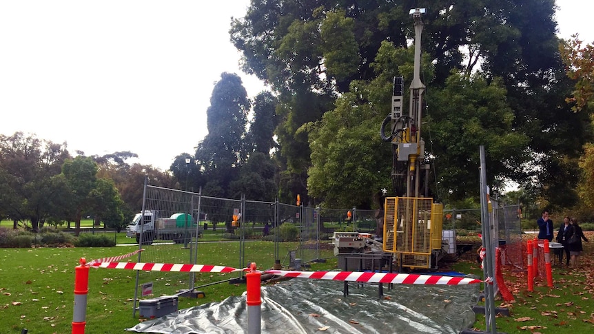 A drilling rig conducting tests for the Melbourne Metro rail project, in Queen Victoria Gardens on St Kilda Road.