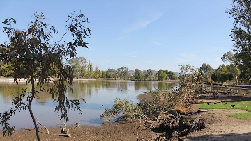 Picture of a muddy lake with a lowered water level.