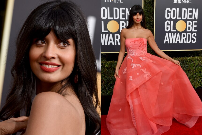 Jameela Jamil arrives in a peach gown on the red carpet.