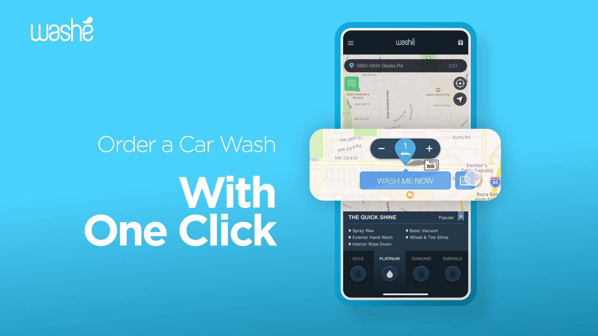 An advertisement for an app called Washe with picture of a phone with a map and words saying "order a car wash with one click".