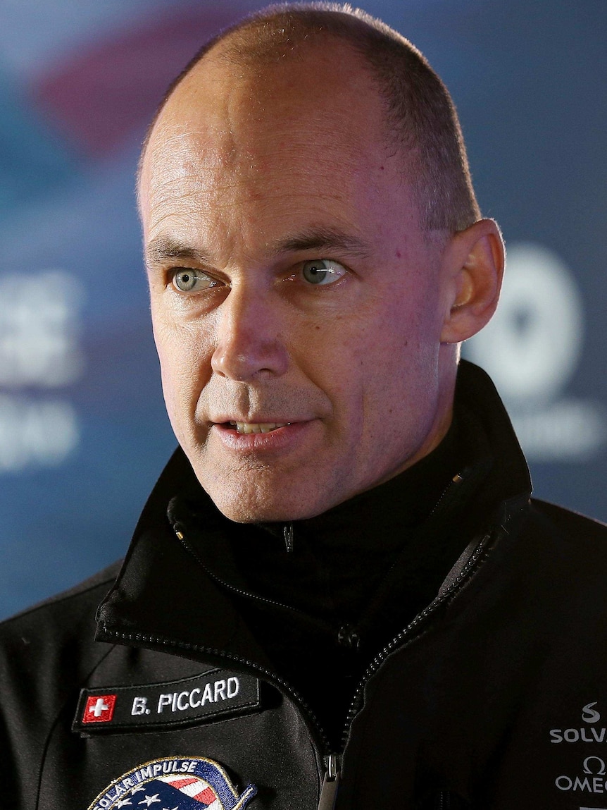 Solar Impulse Chairman and pilot Bertrand Piccard speaks during a press conference.