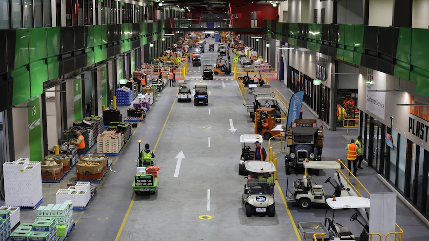 An elevated view of the inside of the Melbourne Market, with forklifts and workers moving down a concrete corridor.