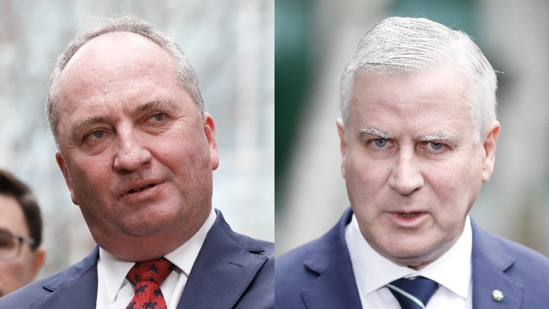 A composite image of two men, Barnaby Joyce on the left, Michael McCormack on the right.