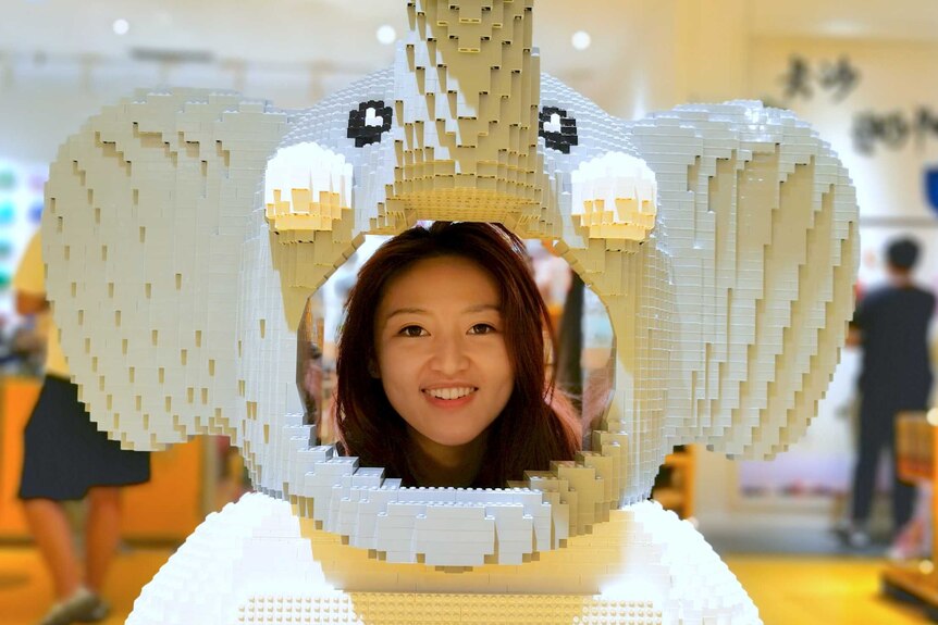 A woman stand behind a giant lego display
