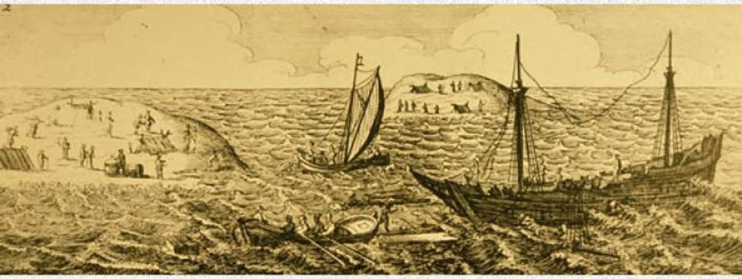 A sepia-toned illustration of two ships at sea.