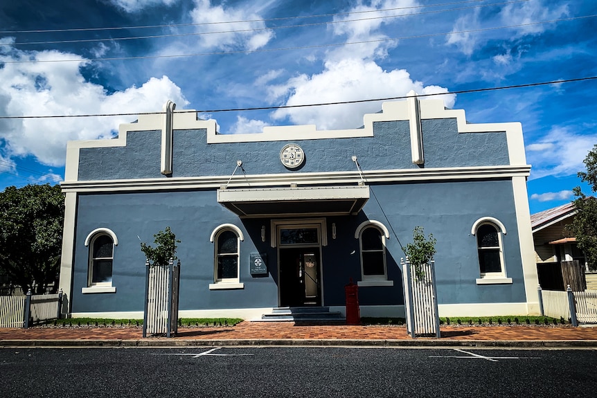 Blue and white building exterior.