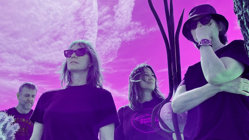 purple tinted photo of four members of The Breeders standing in a desert