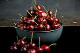 A bowl of Tasmanian cherries.