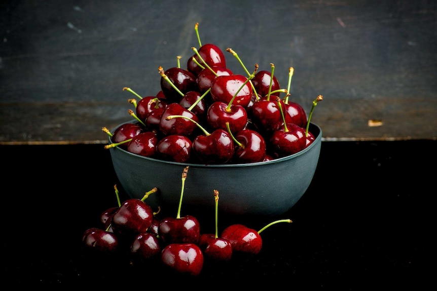 A bowl of Tasmanian cherries.