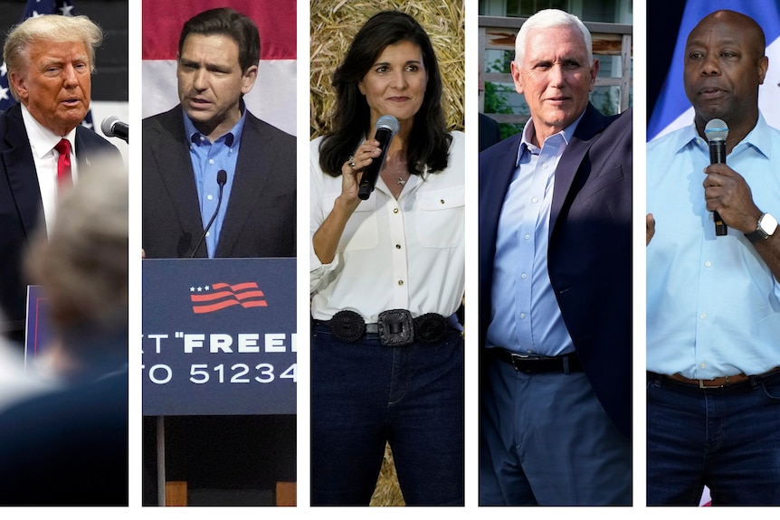 A composite image of Donald Trump, Ron DeSantis, Nikki Haley, Mike Pence and Tim Scott
