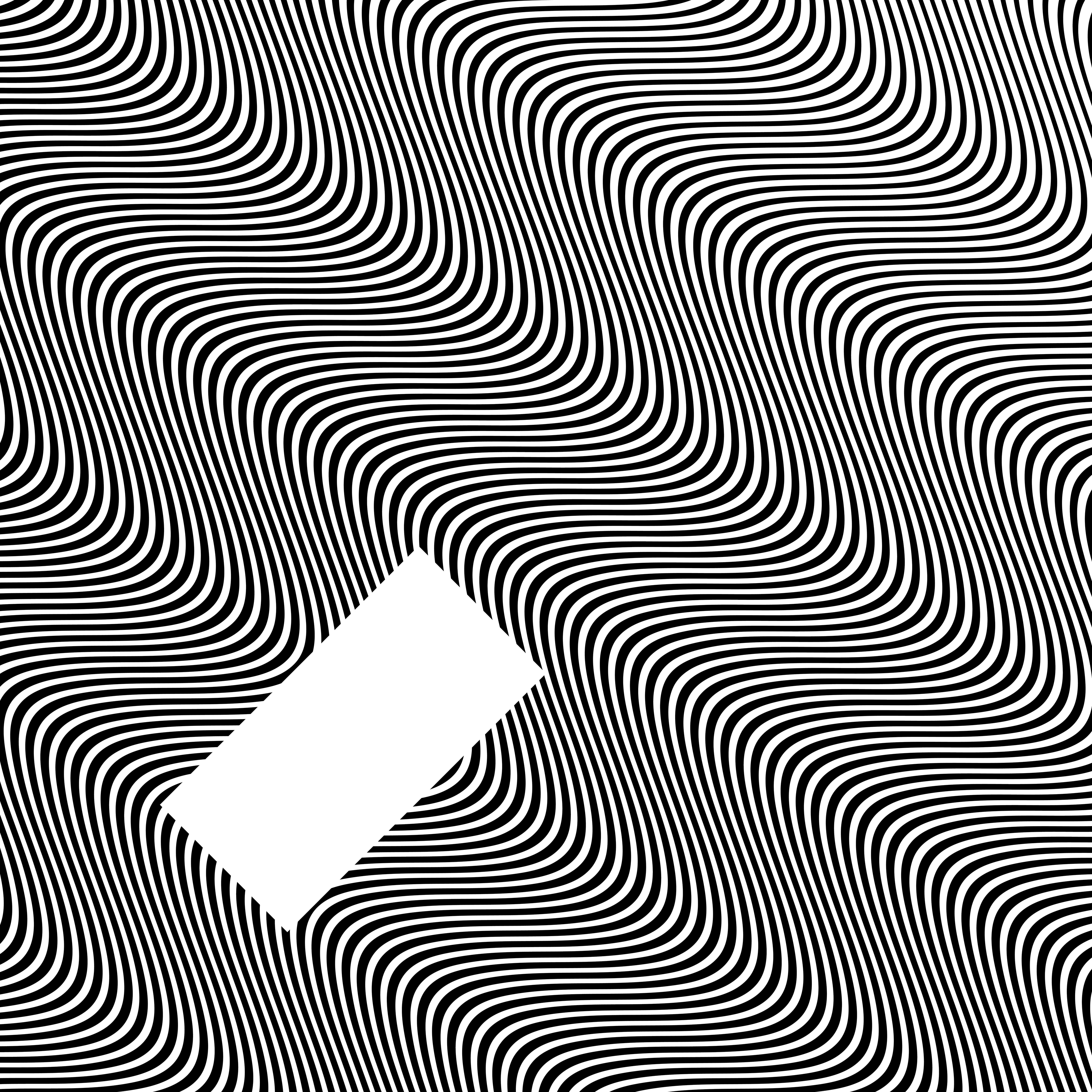 Wavy black and white lines form an optical illusion with a white rectangle in bottom left pointing north east