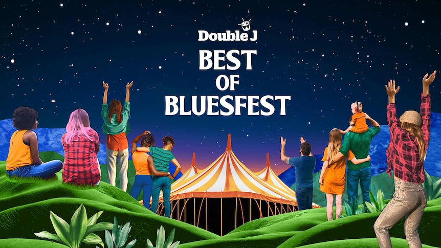 An illustration of rolling hills, a festival big top, a crowd under a starry sky and text reading: Double J Best of Bluesfest