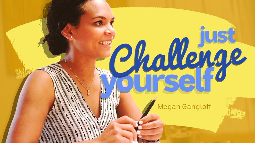 A woman concentrates on something off camera while holding a pen. Text says 'just challenge yourself'.