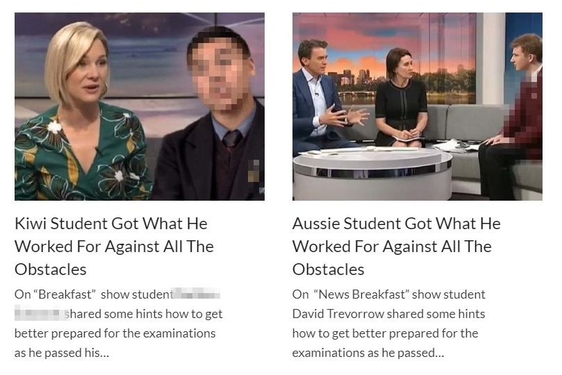 A screenshot of two fake articles on a phony website that purports to show real interviews.