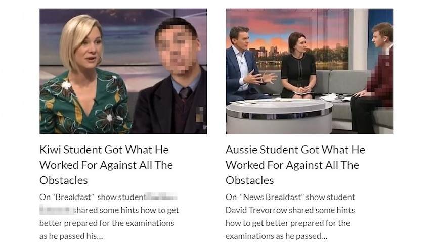 A screenshot of two fake articles on a phony website that purports to show real interviews.