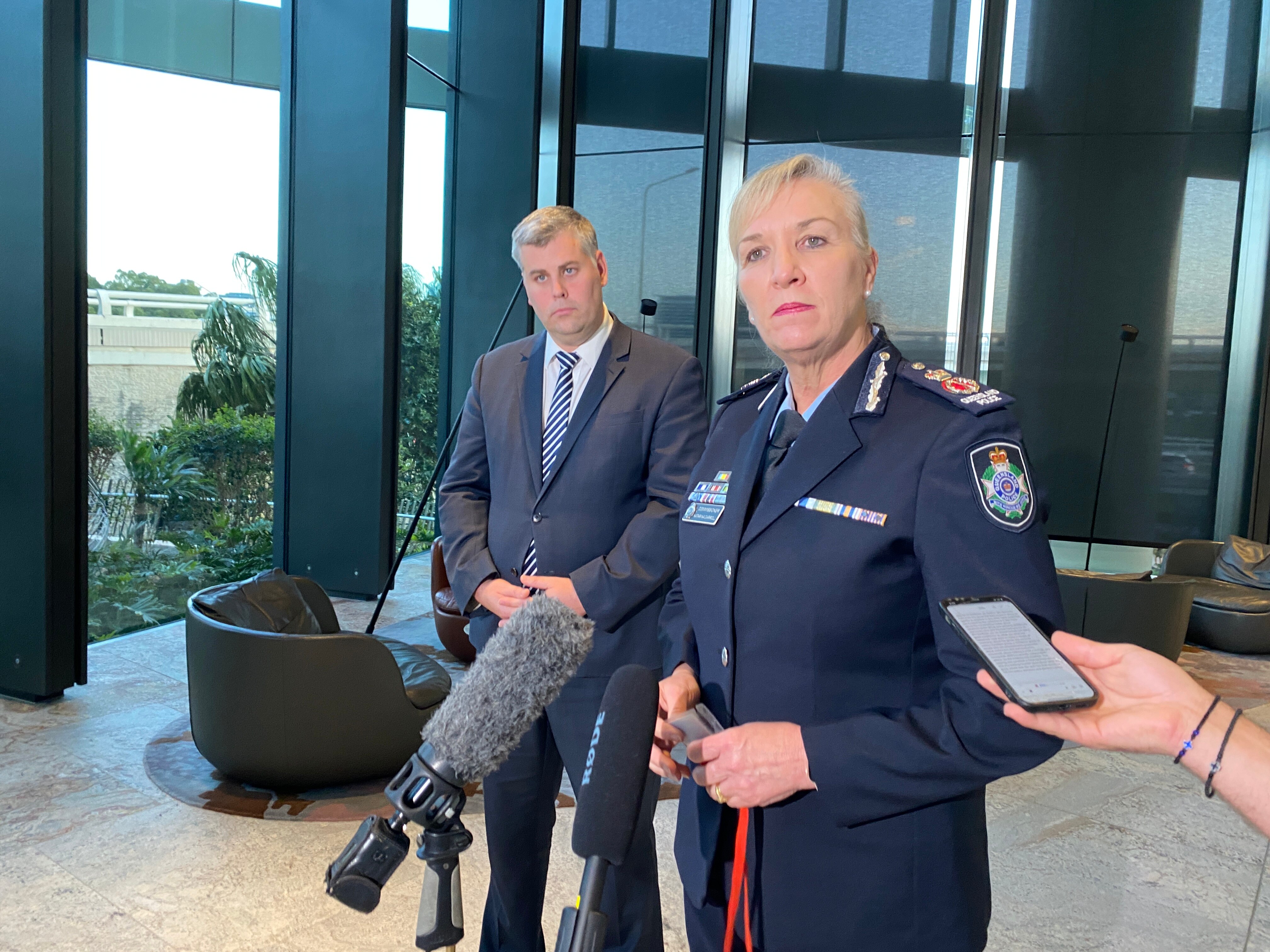 Police Commissioner Katarina Carroll and Police Minister Mark Ryan speaking to the media.