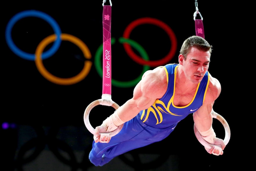 Arthur Nabarrete Zanetti competes on the rings at the London 2012 Olympic Games.