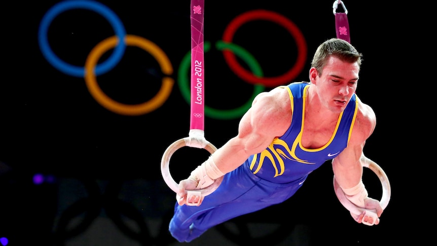 Arthur Nabarrete Zanetti competes on the rings at the London 2012 Olympic Games.