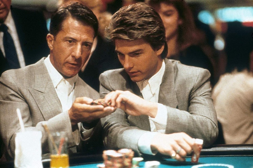 Dustin Hoffman and Tom Cruise in a casino in the movie Rain Man.