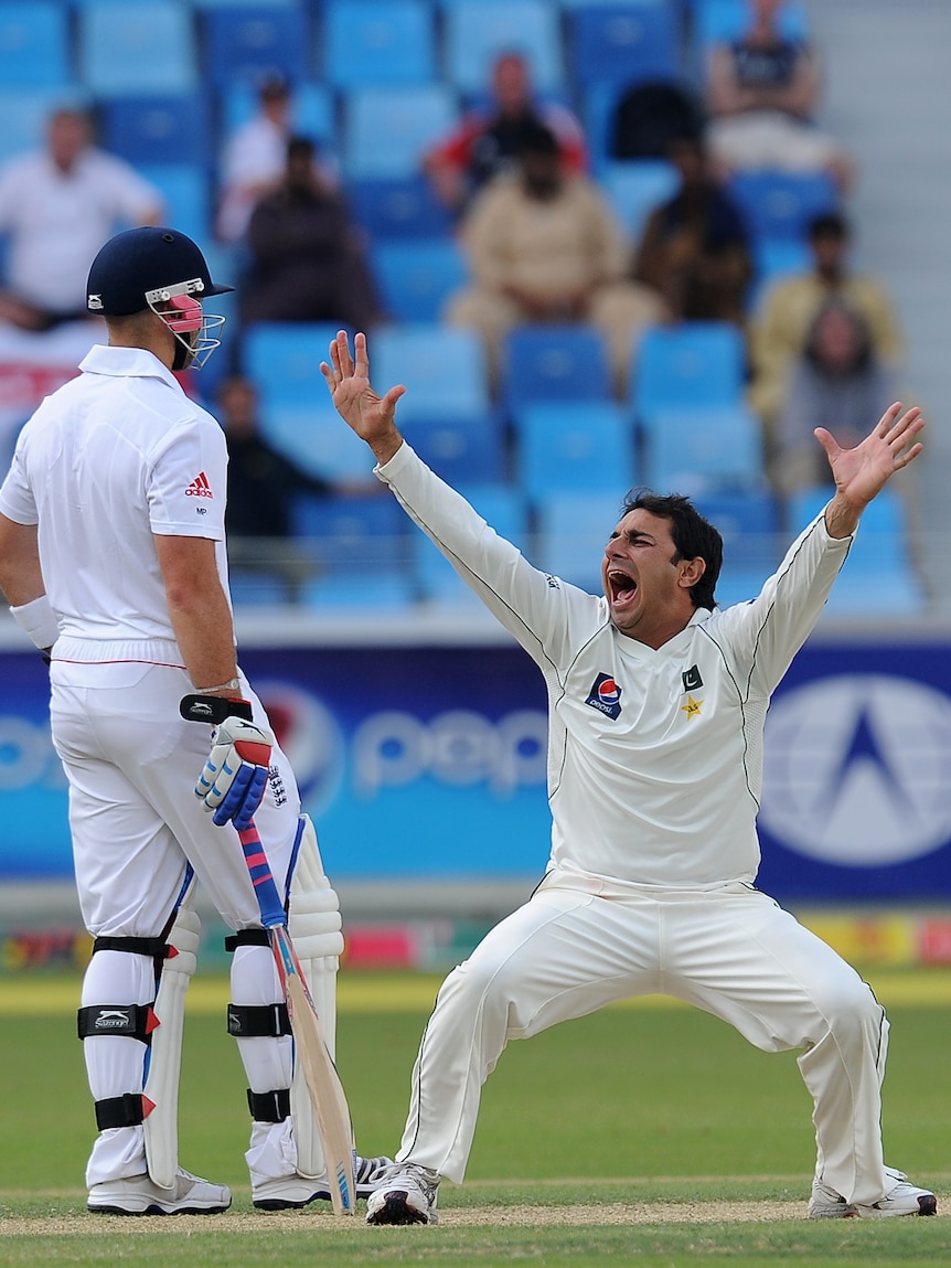 Spin clinic ... Saeed Ajmal (R) blew England out of the water with his 7 for 55.