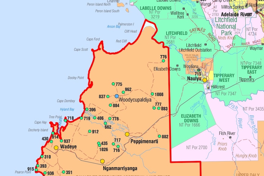 Part of a map showing a portion of the designated biosecurity areas in the Northern Territory.