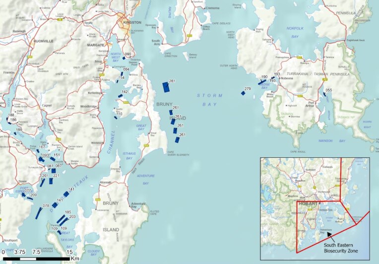 Un mapa del sureste de Tasmania con varias secciones resaltadas en azul.