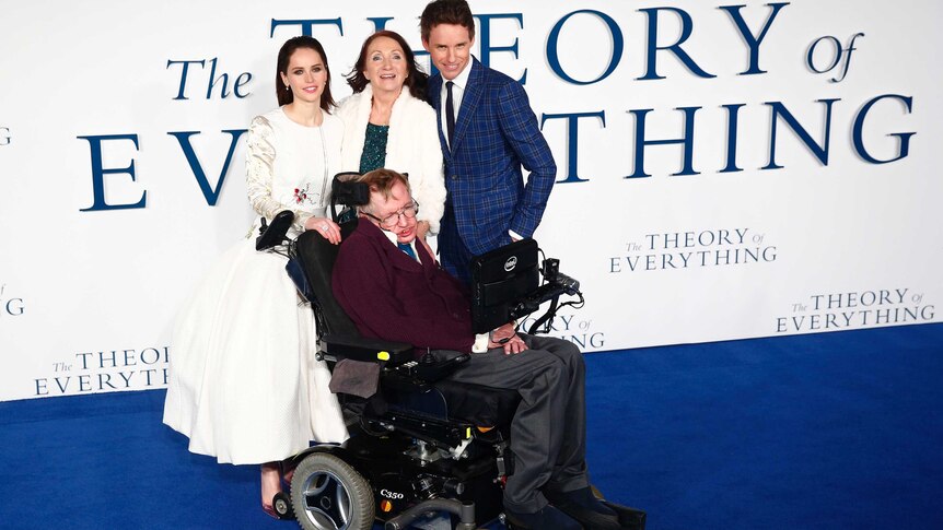 Stephen Hawking, Felicity Jones, Jane Wilde Hawking and Eddie Redmayne at film premiere.
