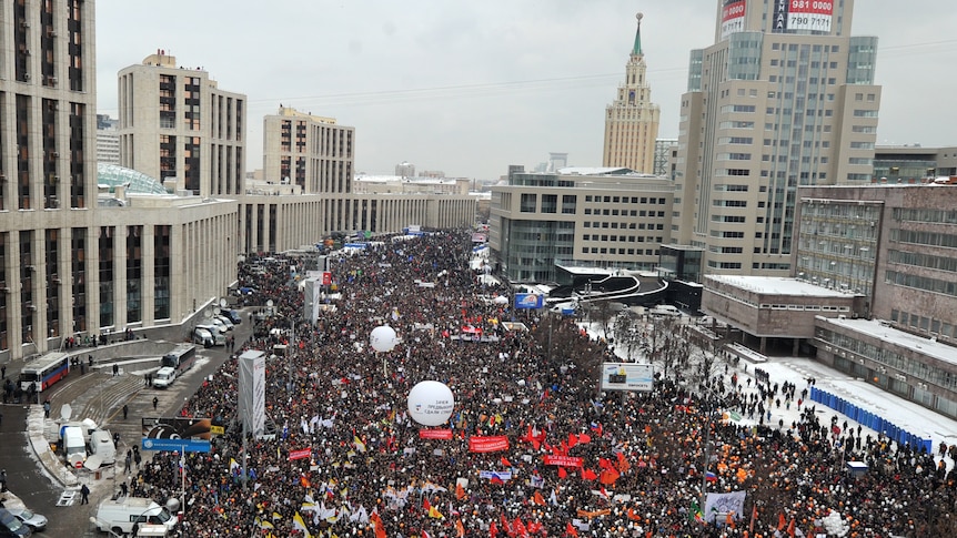 Protestors thronged Sakharov Avenue in Moscow, named after the Nobel-winning dissident Andrei Sakharov.