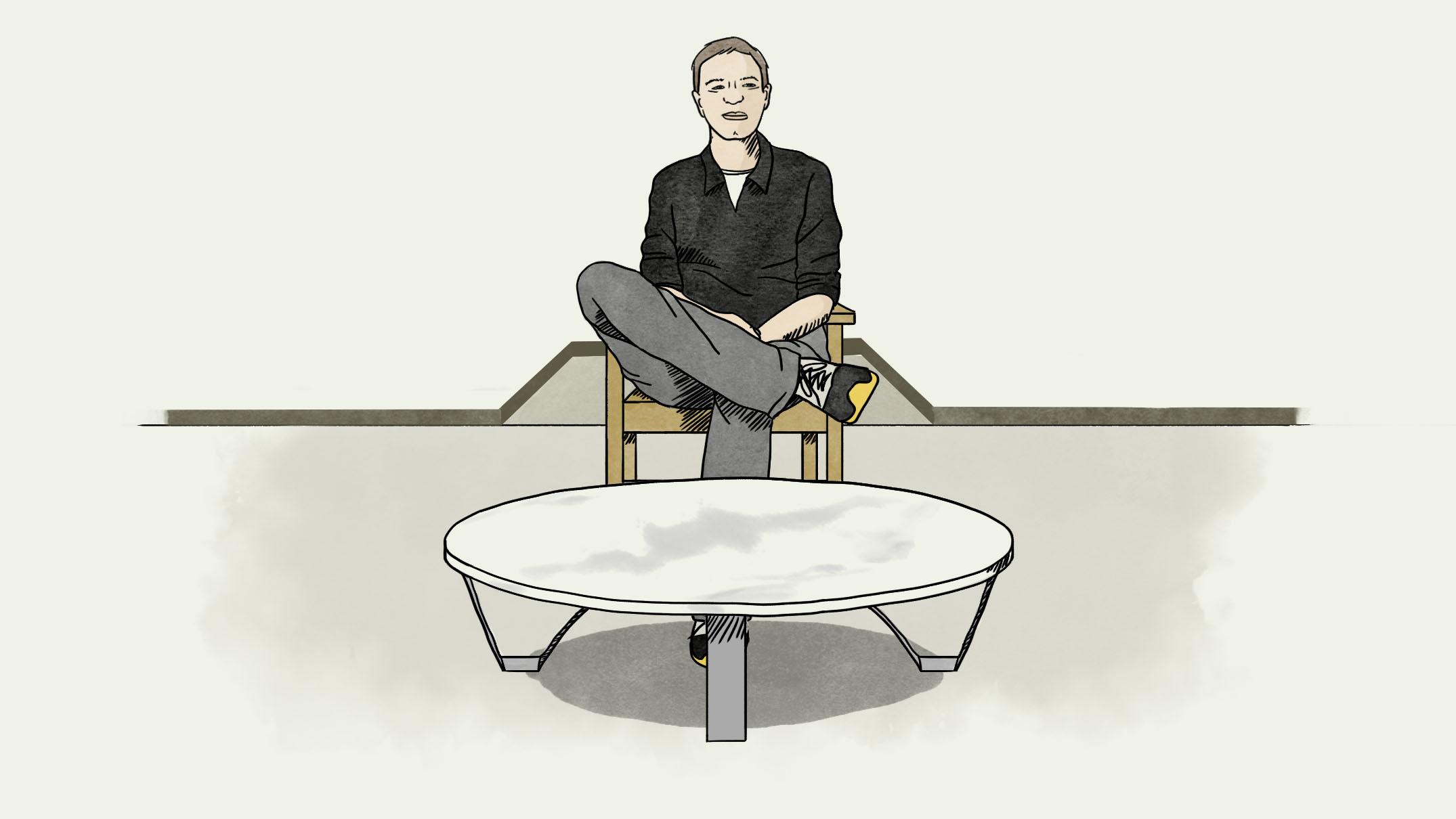 Watercolour illustration of a man sitting on wooden chair in hotel room with coffee table..