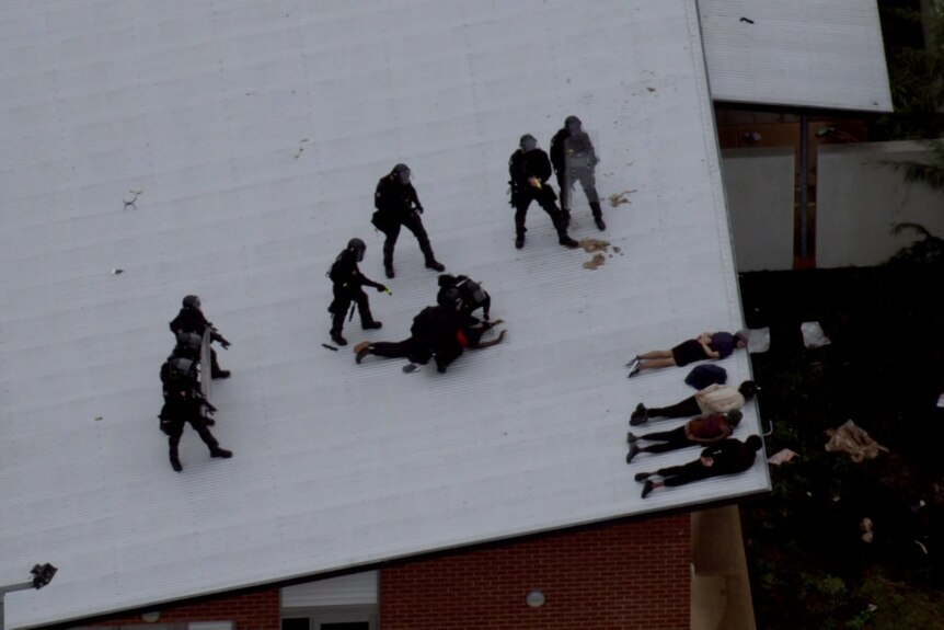 Multiple police officers in riot gear making an arrest on a roof as detainees lay down with hands behind their backs.