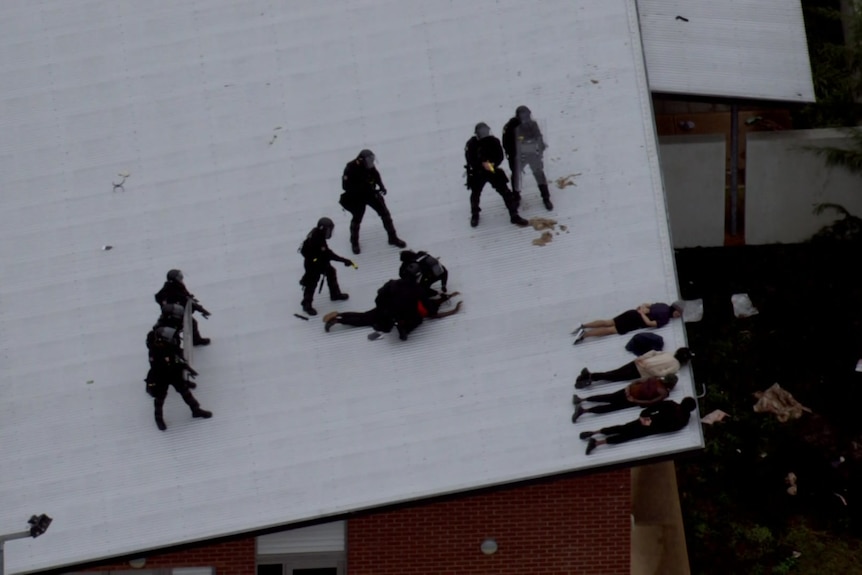 Multiple police officers in riot gear making an arrest on a roof as detainees lay down with hands behind their backs.