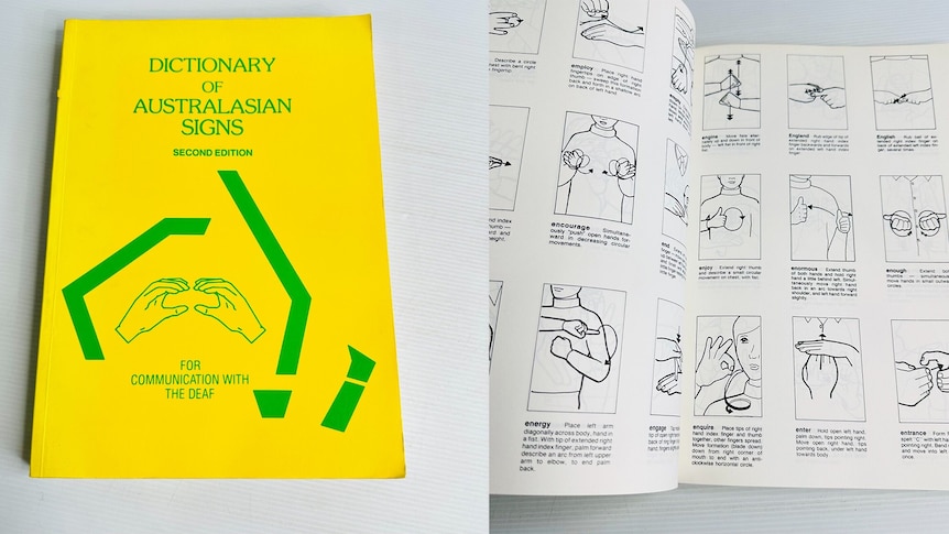 On the left, the front cover of a yellow book titled "Dictionary of Australasian Signs". On the right, an open page of the book.