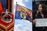 A composite image of a royal crown, a royal flag, and a woman holding a sign which reads 'Abolish the Monarchy'
