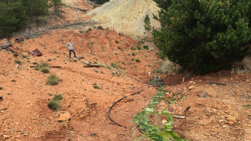 Mounds of dirt and rock and green water flowing in the foreground 