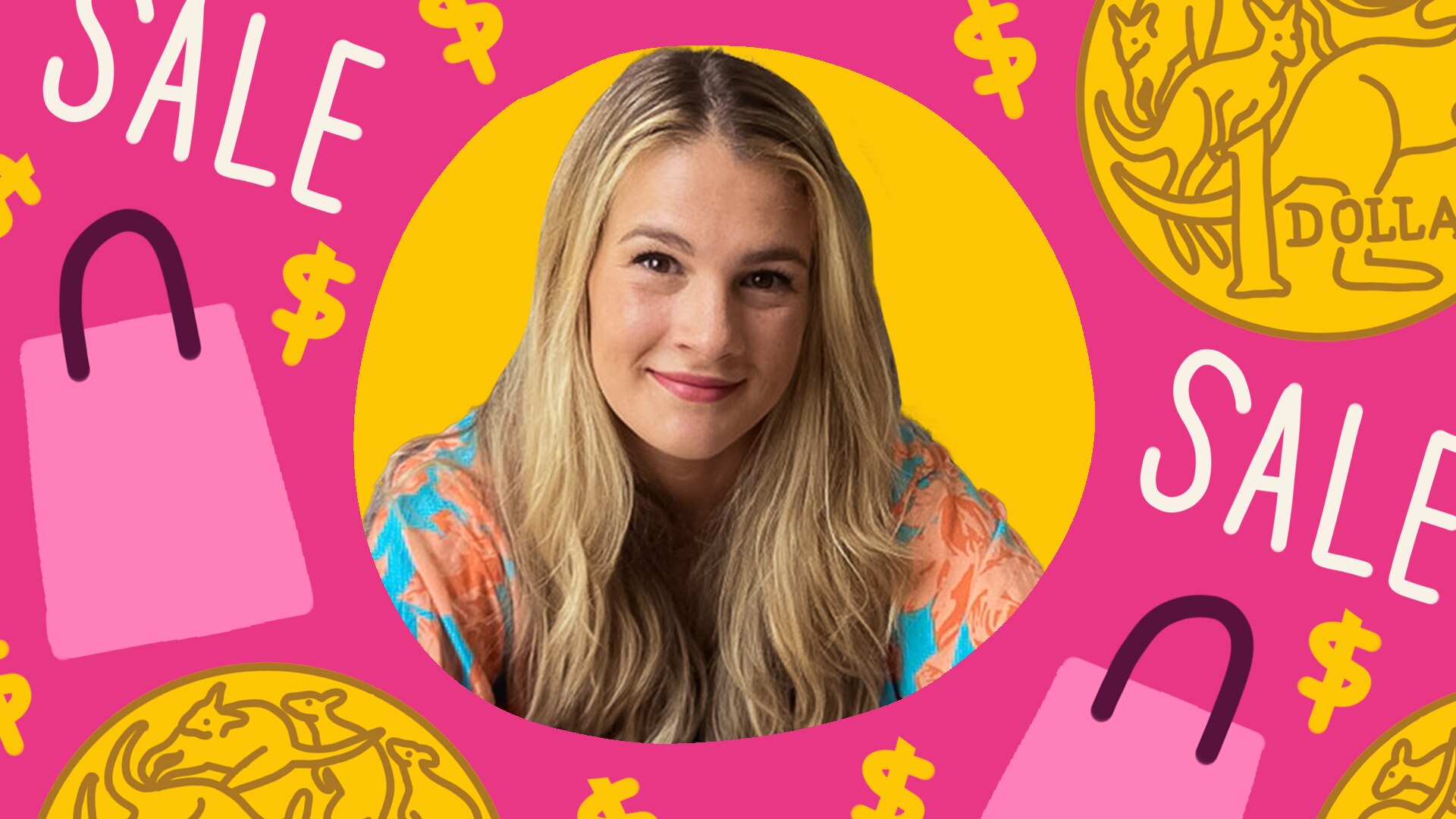 Grace surrounded by shopping and sale graphics