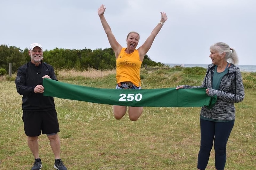 One woman jumps over 250 ribbons on her back.