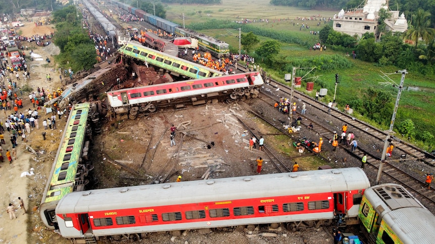A drone view shows derailed coaches after two passenger trains collided in Balasore district.