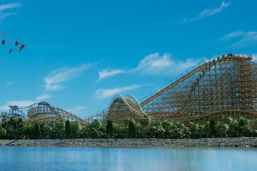 Rendered image of a large timber roller coaster.