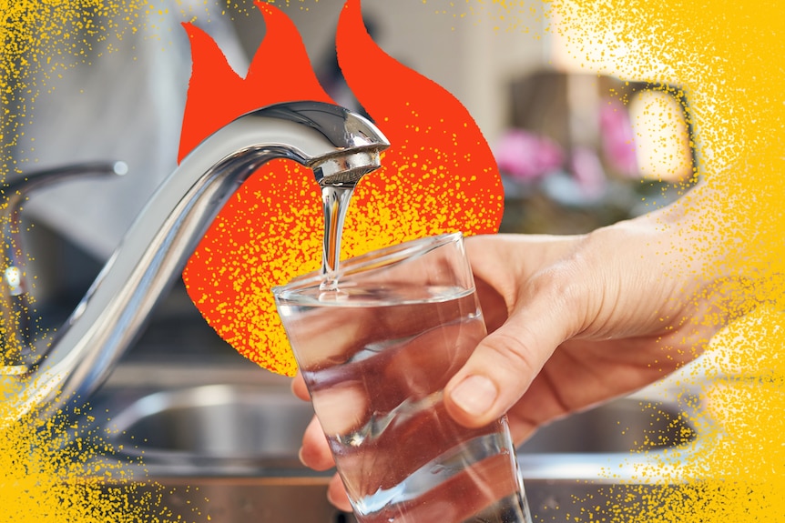 A woman holds a glass to fill up a glass of tap water, a cartoon fire behind it.