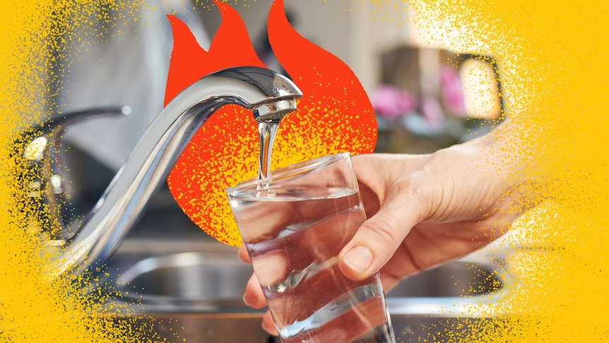 A woman holds a glass to fill up a glass of tap water, a cartoon fire behind it.